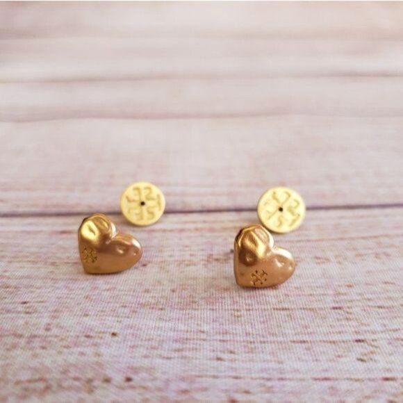 Tory Burch Heart Logo Stud Gold Tone Earrings - Picture 6 of 8